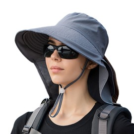 Women Sun Hat with Neck Flap Wide Brim UV Protection Bucket Hat with Ponytail Hole Chin Strap for Summer Outdoor Mountaineering Cycling