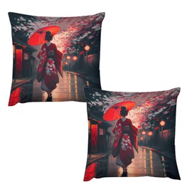 Japan Geisha Pillow Case Sets,Ployester Sofa Throw Pillow Cover Set of 2,Beautiful Japanese Geishas Girls Hold an Umbrella Square Couch Pillow Protector Cushion for Sofa Bed Decor 18 "x18
