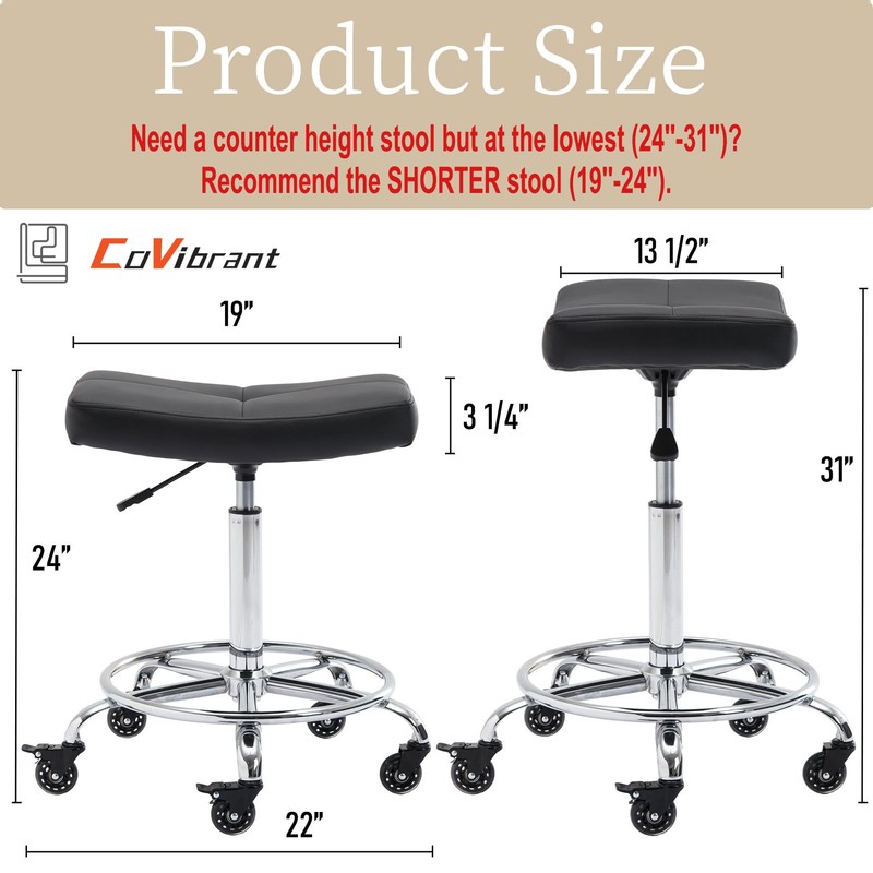 CoVibrant Adjustable Rolling Stool with Extra Wide Seat, Lockable Rubber