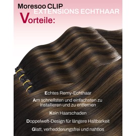 Moresoo Clip-In Real Hair Extensions, Balayage Brown Hair, Remy Ombre Hair Extensions, Real Hair, Clip-in, Dark Brown with Medium Brown #2/6/2, 7 Pieces, 120g, 40 cm