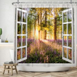 ASDCXZ Window View Shower Curtain 180x180 cm, Spring Purple Flowers Green Forest Jungle Sunshine Bath Washable Shower Curtains Polyester Textile Waterproof Bath Curtain for Bathtub with 12 Hooks