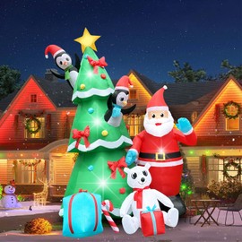 QEOIYDE 10FT Christmas Inflatable Xmas Tree with Smiley Santa, A Penguin in Red Hat, Polar Bear & Gift Boxes Light-Up Blow Up Yard Decor for Holiday Lawn, Garden, or Festive Family Fun Display