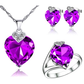Uloveido Platinum Plated Fashion Wedding Anniversary Ring Necklace Pendant and Earrings Purple Heart Crystal Jewelry Set for Women T213