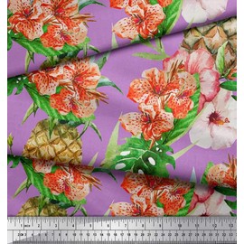 Soimoi Cotton Voile Fabric Floral,Monstera Leaves & Pine Fruits Printed Fabric 1 metre 56 Inch Wide