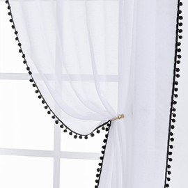 Treatmentex White Sheer Curtains Black Pompoms 63" inches Long Window Draperies for Boy's Room Bed Canopy 2 Panels Rod Pocket