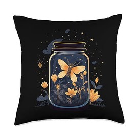 Nice Fireflies in a Jar Glowing Insects and Plants in Jar for Summery Nights Throw Pillow, 18x18, Multicolor