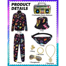 Deaboat Deaboat 90s Outfit for Men 80s Costume Outfit Tracksuit Retro Hip Hop Windbreaker and Pants Set Festival Outfit Sportswear 9Pcs(Black/XL)