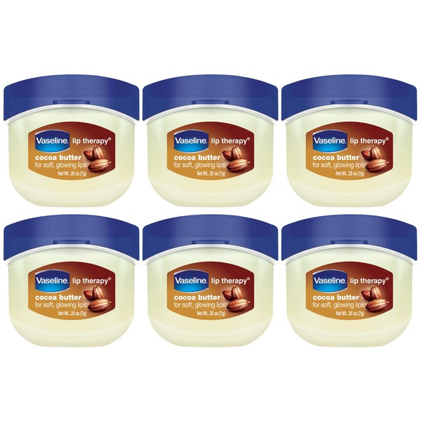 Vaseline Lip Therapy Cocoa Butter Mini, White Petrolatum, Advanced Moisturizer, Relieves Dull and Dry Skin, Mini Vaseline Petroleum Jelly, Soft & Smooth Vaseline Lips (Pack of 6-0.25 Oz Ea)