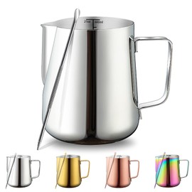 Milk Frothing Pitcher 21oz - 620ml, Kyraton Stainless Steel Espresso Steaming Pitchers with Decorating Pen,Milk Coffee Frother Cups Cappuccino Latte Art Barista Steam Pitchers Milk Jug Cup (Silver)