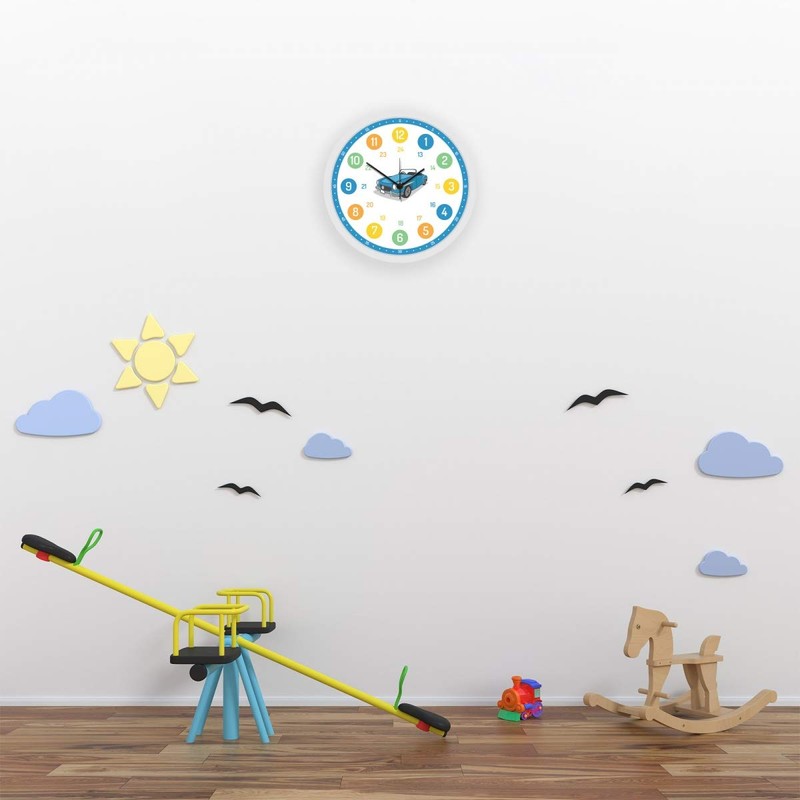 GRAVURZEILE Children's Wall Clock Car Motif Silent Children's Wall Clock