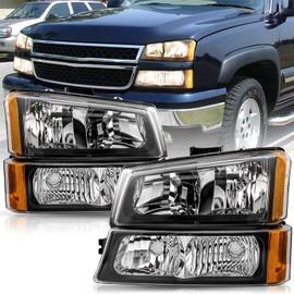 TUSDAR 4 PCS Fits for 2003 2004 2005 2006 Chevy Silverado Headlight Assembly Avalanche NON Body Cladding 1500 2500 HD 3500 w/Bumper Lights Black Housing & Amber Reflector