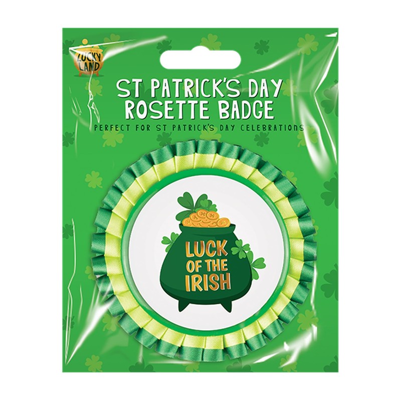 St Patricks Day - Green/White Rosette BADGE Irish Badge Shamrock