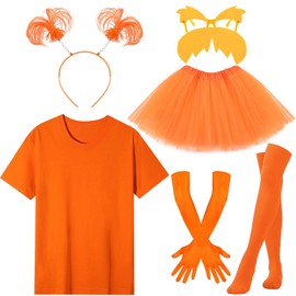 Honic 6 Pcs Orange Cartoon Character Costume Yellow Fake Mustache Glasses with Orange T-shirt Headband Tutu Skirt Gloves Socks for Women (M)