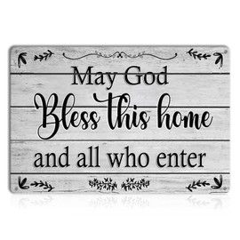 May God Bless This Home Wall Decor – Blessed Tin Sign for Christian Decoration – Rustic Family Welcome Sign for Front Door or Kitchen – Vintage Housewarming Gift for New Home – 8x12 Inch Metal Wall Art