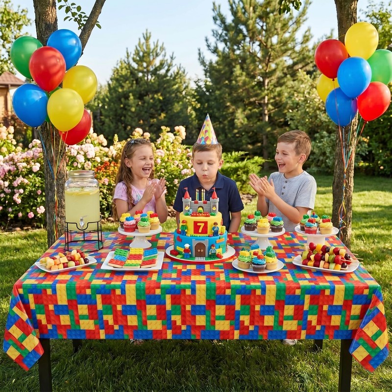 BEISHIDA 2 Pcs Building Blocks Party Tablecloth,Colorful Blocks Bricks Table