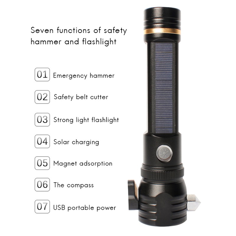 Multi Function Solar Power Military Flashlight Glass Breaker Camping Outdoor