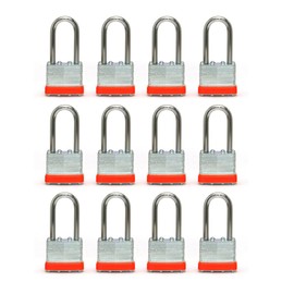 LanuBe Lock Laminated keyed Padlock (1-9/16", 40mm), keyed Alike Locks, Long Shackle,Marked Orange Plastic Hoop, Pack of 12
