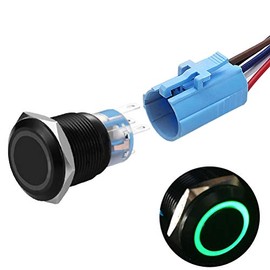 19mm Latching Push Button Switches SPDT ON/Off Waterproof Black Metal 12V Ring LED with Wire Plug (Green)
