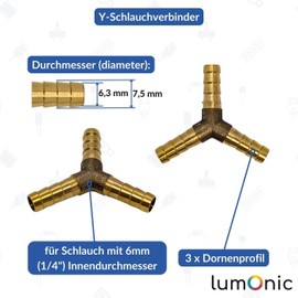 20 x Lumonic I Y-Hose Connector I for 6 mm (1/4 inch) Hose I Made of Brass I Y Connector I Y-Piece I with Mandrel Profile I Compressed Air & Water I for Workshop