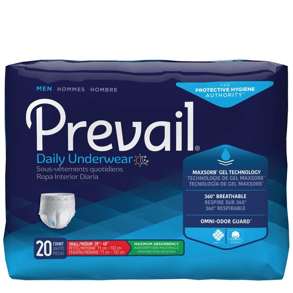 Prevail Maximum Absorbency Incontinence Underwear for Men, Small/Medium, 20 Count