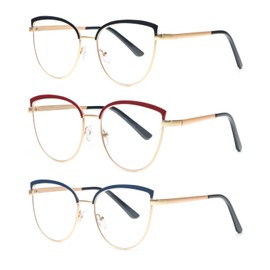KoKoBin Cat Eye Reading Glasses 3 Pairs Metal Frame Glasses Spring Hinge Readers with Leather Pouch for Women (Black+Blue+Red,1.25)