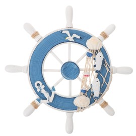 FAVOMOTO Wooden Ship Steering Wheel with Fishing Net Anchor Seagull Nautical Wall Hanging Decoration,Blue, White,23 x 23 x 2 cm; 189 Grams