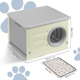 Plastic Cat House for Outdoor Indoor Use, Stackable Feral Cat Shelter Indoor Cat House Weatherproof Waterproof Elevated, with 2-Sided Cushion (Grey)