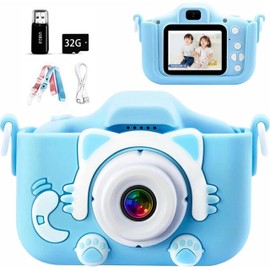 FOROMONE (Blue Cat) Kids Camera, Toy Camera, 1080P HD Video Camera, 32 GB Memory Card, 2.0 Inch IPS, 8x Zoom Screen, USB Charging, Dual Lens, Recording Selfie Camera for Kids, Digital Camera, Boys and