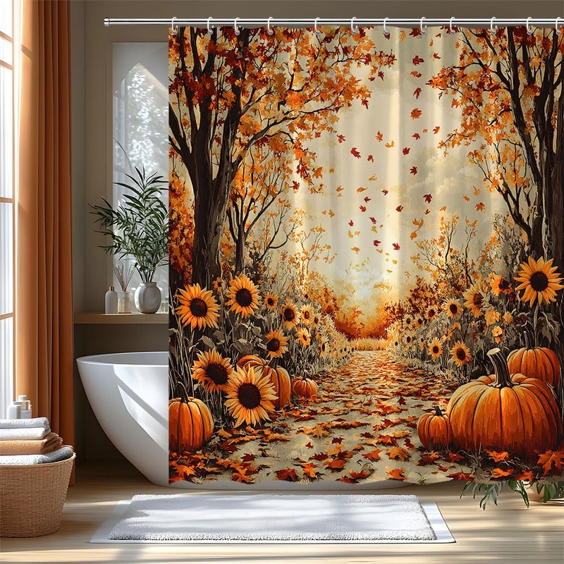 FAXTOZ Fall Shower Curtain Autumn Maple Forest Fallen Leaf Pumpkin