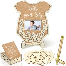 Wenqik 63 Pcs Baby Shower Guest Book Alternatives Set Baby Shower Guestbook with Photo Frame Baby Sonogram Frame Keepsake 60 Wood Slices Guest Book for Birthday(Bodysuit)