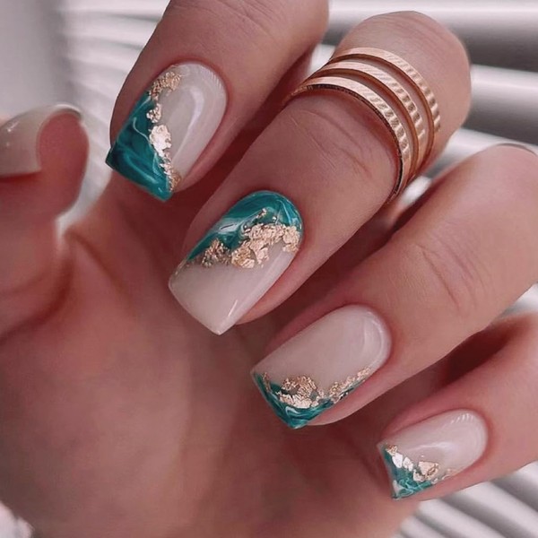 Square Press on Nails Medium Fake Nails Green False Nails