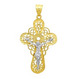 Two-Tone 14k Gold Plated 37mm x 5.6 cm Filigree Celtic Crucifix Pendant + Microfiber Cloth