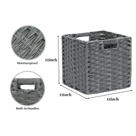 DULLEMELO 11x11 Wicker Baskets for Storage, Plastic Woven Cube Storage Bins for Shelves, Waterproof Foldable Wicker Baskets for Organizing Shelves,Closet, Clothes, Toys-Grey