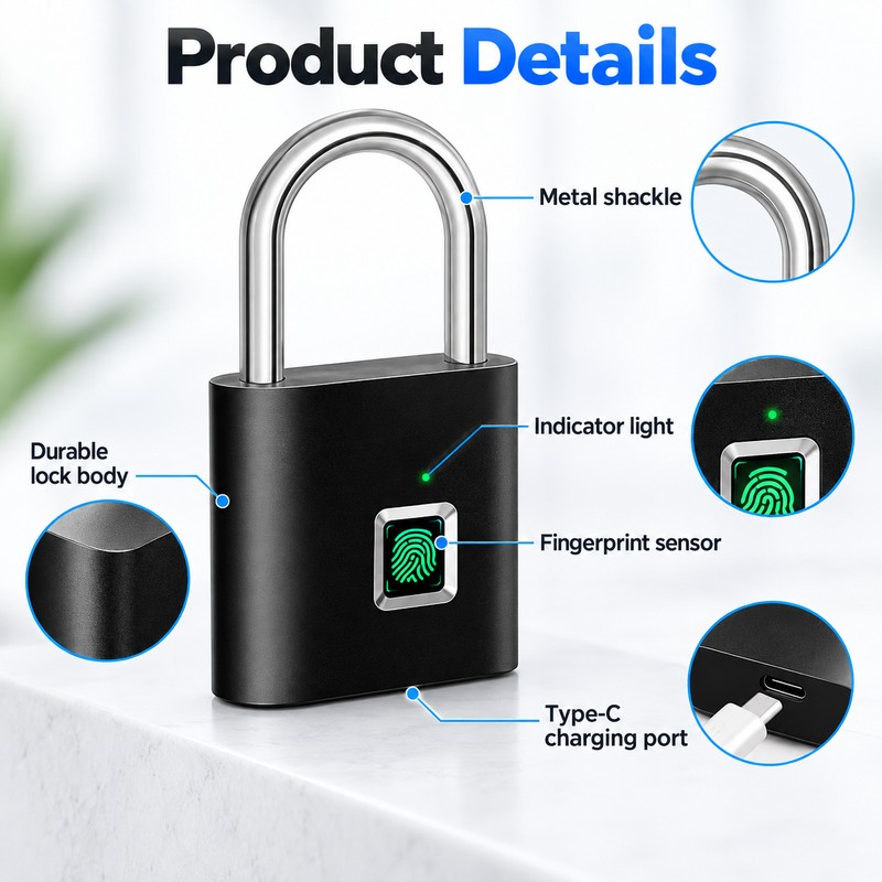 Fingerprint Padlock for Keyless Access – Rechargeable Zinc Alloy Lock