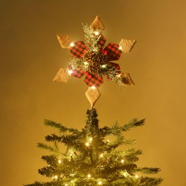 Valery Madelyn Christmas Star Tree Topper, 16 Inch Pre-Lit Farmhouse Rustic Xmas Star Red Black Fabric Metal Tree Top with Timing LED Lights and Pinecone for Holiday Party Tree Ornaments Decoration