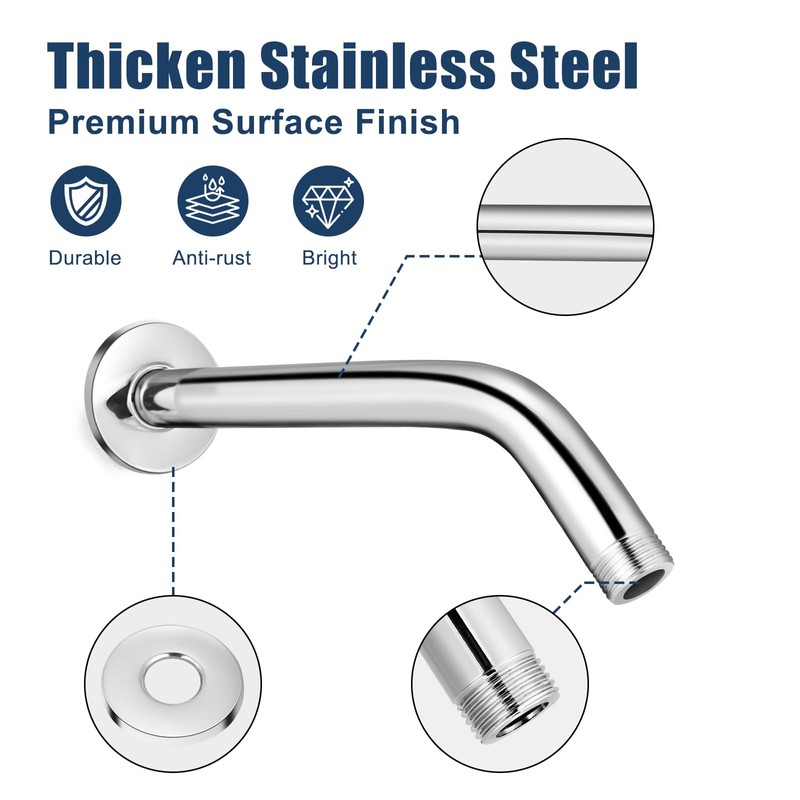 Shower Arm with Flange, 10 Inch Chrome Shower Pipe, Wall