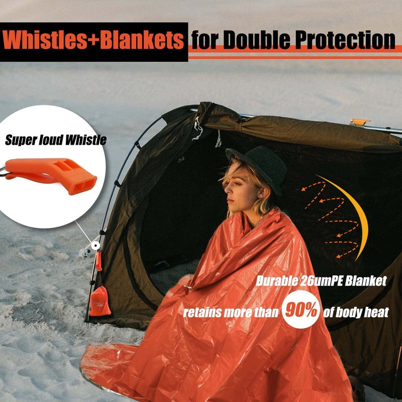 Frelaxy Emergency Blanket 2-Pack/4-Pack, Extra-Thick Extra-Large Space Blankets with Whistles,
