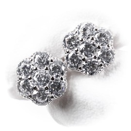 Brilliant Unisex Elegant Iced Cz White Gold Plated 925 Sterling Silver Round Men's Women Flower Cluster Cz Unisex Circle Stud Hip Hop Hypoallergenic Screw Back Earrings