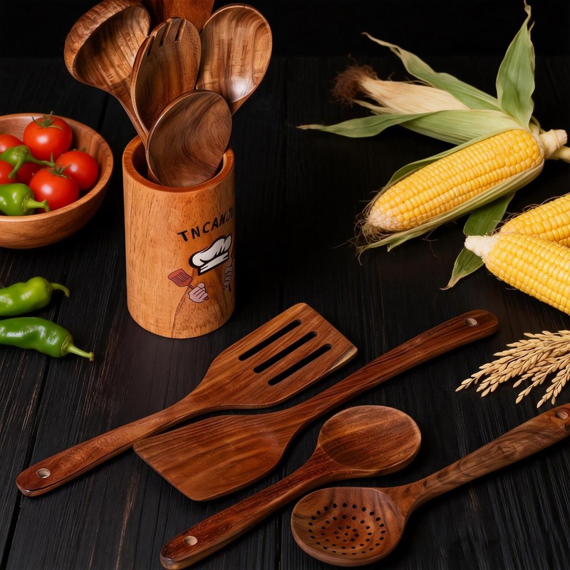 TNCANJU Wooden Spoons for Cooking, 10 Pcs Acacia Wood Cooking