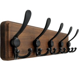 Dseap Coat Rack Wall Mounted - 5 Tri Hooks, Heavy Duty, Wooden Wall Coat Hanger Coat Hook for Clothes Hat Jacket Clothing, Natural & Black