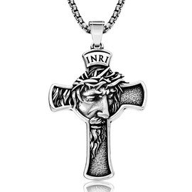 LILILEIDY Catholic INRI Crucifix Necklace for Men & Women Stainless Steel Jesus Crown of Thorns Cross Pendant