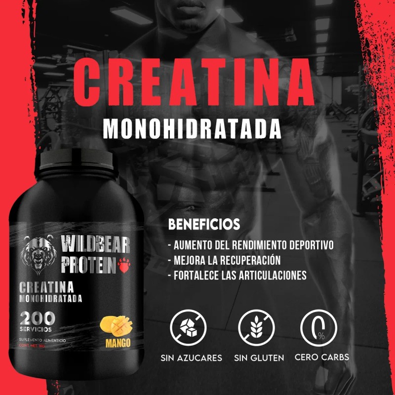 Creatina Monohidratada 1kg Wild Bear 200 Servicios Varios Mango