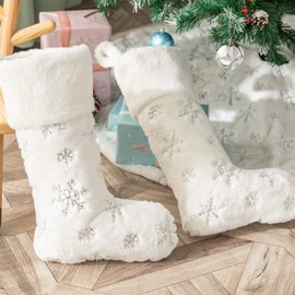 Henrey Tech Christmas Stocking White 56cm Faux Fur Silver Large Snowflake For Christmas Party Fireplace Hanging Decorations