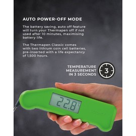 ETI SuperFast Thermapen 3 Classic Food Thermometer (Green) - Digital Instant Read Meat Thermometer for Kitchen, Food Cooking, Grill, BBQ, Smoker, Candy, Home Brewing, Coffee, and Oil Deep Frying