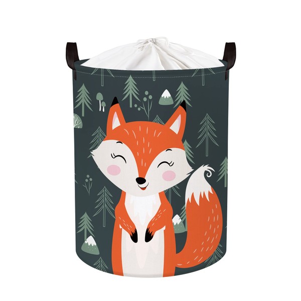 Clastyle Blue Baby Laundry Basket with Red Fox Tree – 45 L Round Folding Laundry Basket with Animals – Children's Storage Basket for Toys Clothes, 36 x 45 cm