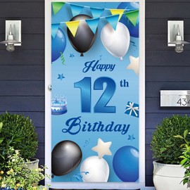 Happy 12th Birthday Blue Banner Backdrop Balloons Stars Confetti Cheers to 12 years Old Theme Decorations Door Porch Decor Gifts for Boys 12 Birthday Party 12 Anniversary Supplies