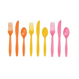 Party Plastic Cutlery Set, 54 Pieces, Pink Yellow Orange, 6-7 Inch Length, Forks Spoons Knives for 18 Guests, Groovy Birthday, Tropical Party