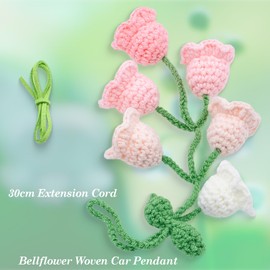 MEAJOO Car Mirror Hanging Accessories, Rear View Mirror Accessories Hanging Decor, Cute Bellflower Hand Knitted Car Pendant Suitable for Key Chains, as Gifts for Women(1 PCS, White & Gradient Pink)