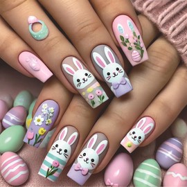 Bunny Press on Nails Long Square Fake Nails Cute Glue on Nails Flower Rabbit False Nails Easter Press on Nails Reusable Stick on Nails Full Cover Artificial Nails Long Acrylic Nails for Women 24Pcs