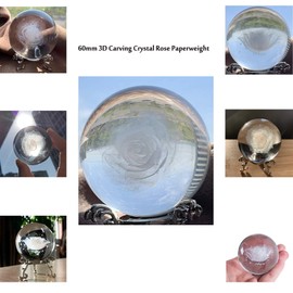 HDCRYSTALGIFTS 60mm 3D Inner Carving Rose Flower Crystal Ball Paperweight with Stand Fengshui Home Decor